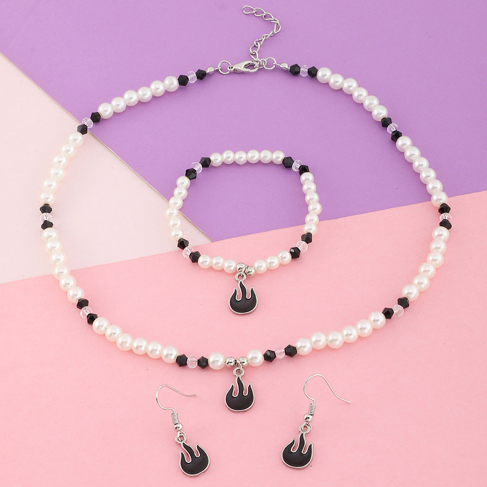 Juego de collar con colgante de llama estilo Dark Fantasy Girl con cuentas de vidrio para niños, incluye pendientes, pulsera y collar con cadena de bolas