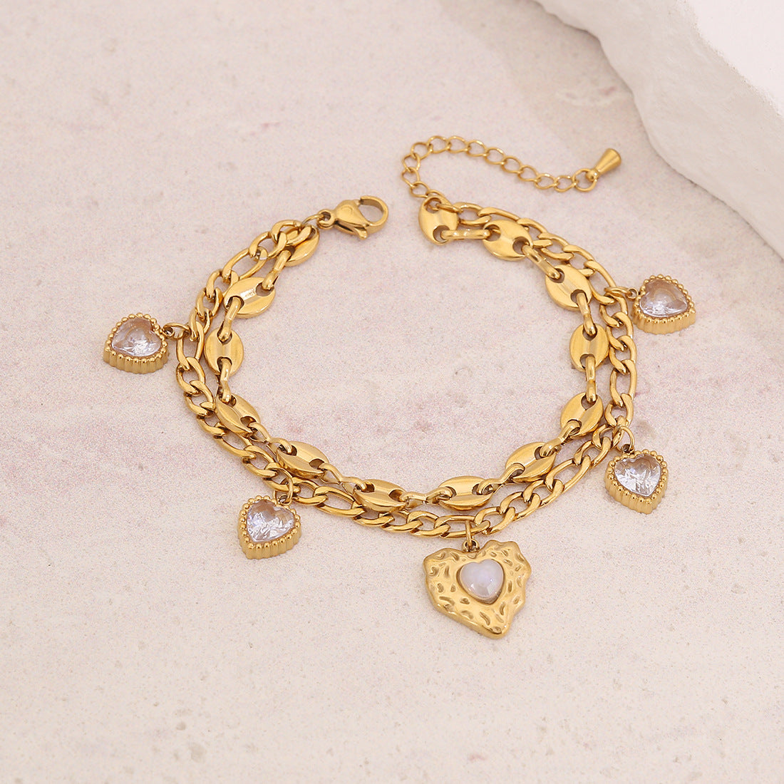 Bracciale Personalizzato a Doppio Strato in Acciaio Inossidabile con Fiocco, Stella, Luna e Cuore, con Intarsio di Strass e Design a Catena a Naso di Maiale per Donna