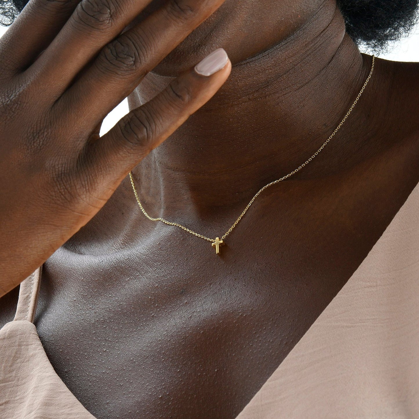 Minimalist Cross Pendant Necklace for Women in Brass with Gold Plating and Cubic Zirconia Inlay on O-Chain
