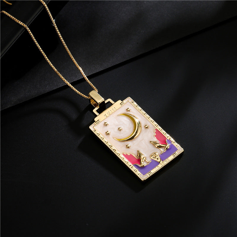 Vintage 18K Gold Plated Geometric Drip Oil Brass Pendant Necklace with Box Chain