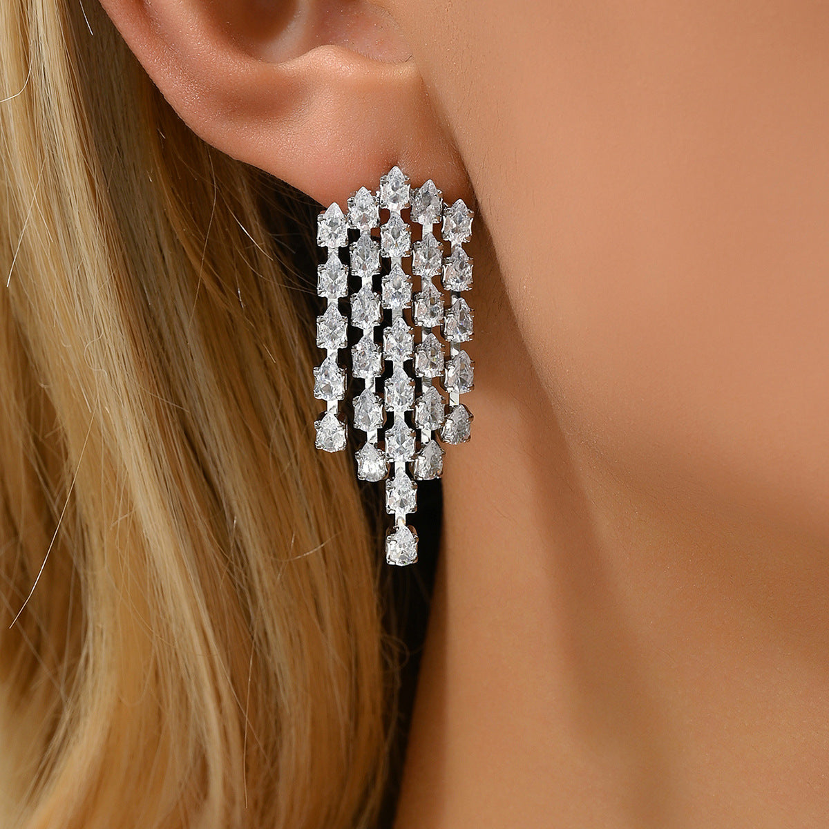 Pendientes de lujo con forma de lágrima y geometría de circonitas incrustadas para mujer, con postes de acero inoxidable