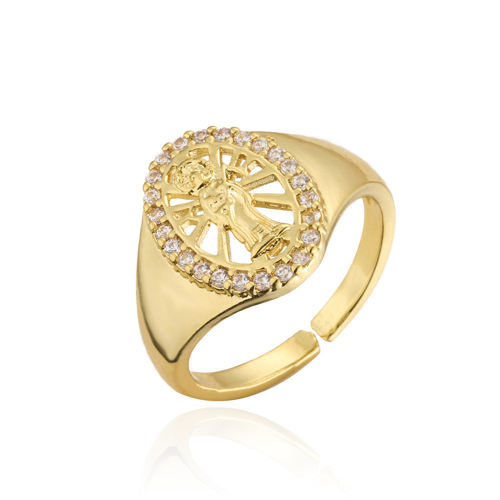 Geometric Style Copper Ring with Gold Plating and Zircon Inlay for Women Religious Jewelry