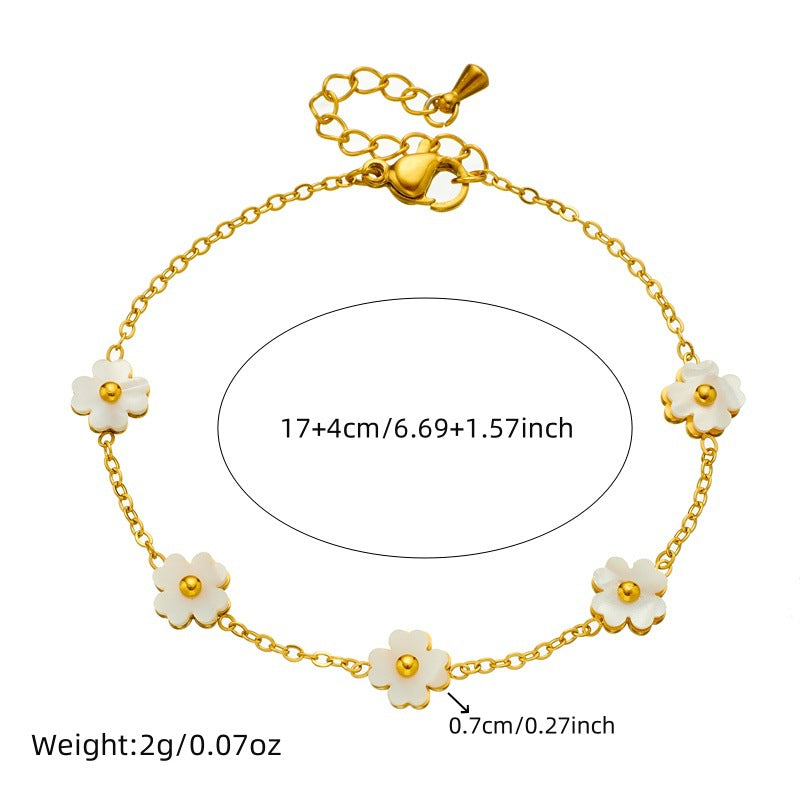 Set di gioielli da donna vintage con fiori e conchiglie bianche, in acciaio inossidabile placcato, con bracciale, orecchini e collana a catena regolare