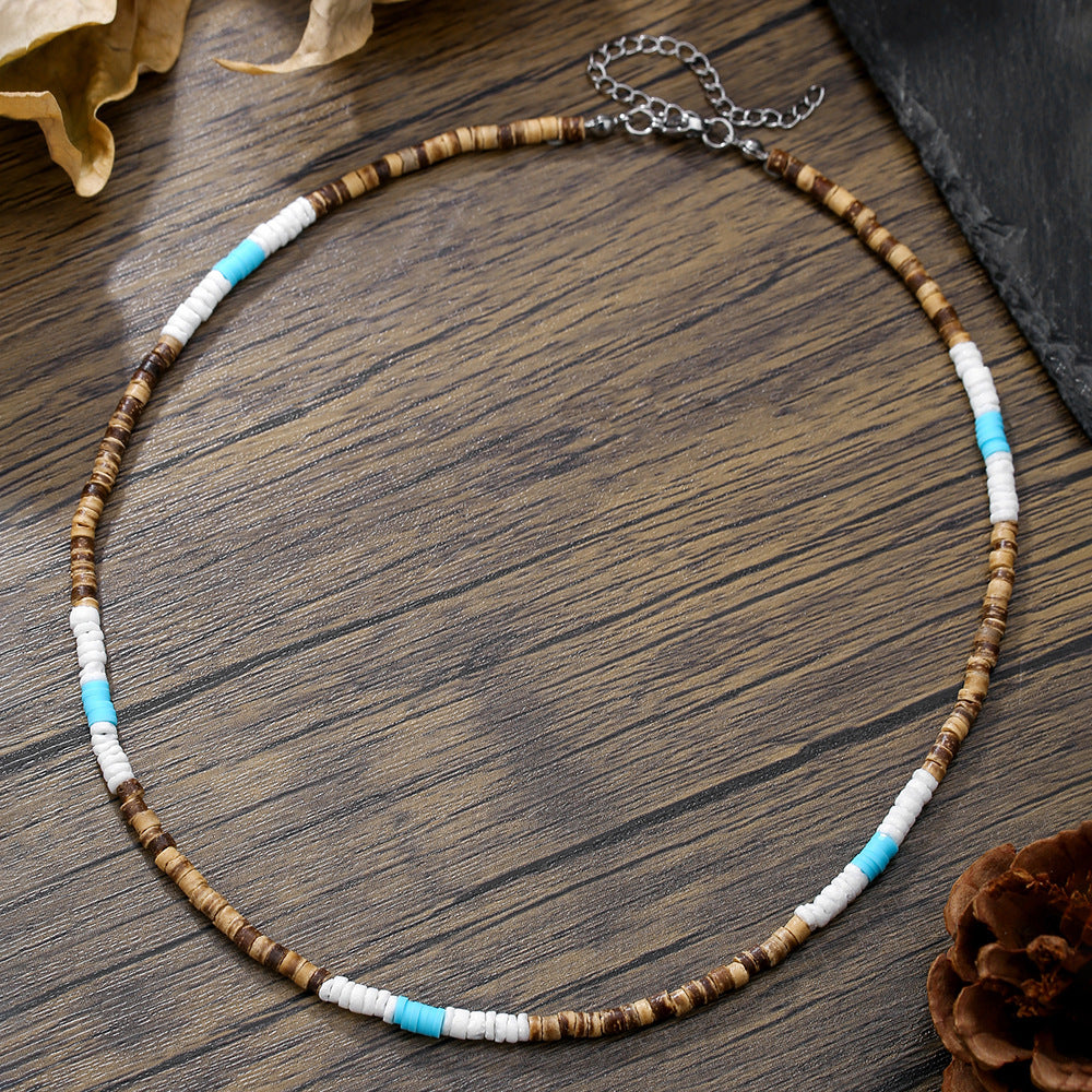 Bohemian Geometric Round Wood Coconut Shell Resin Inlaid Stainless Steel Ball Chain Necklace for Unisex