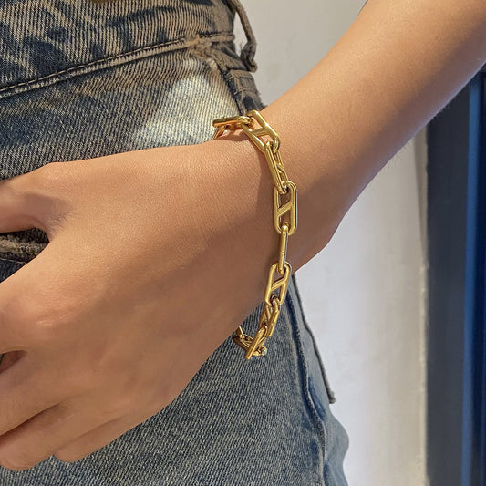 Minimalist Geometric Stainless Steel Gold-Plated Bracelet for Women with Numeric Accent