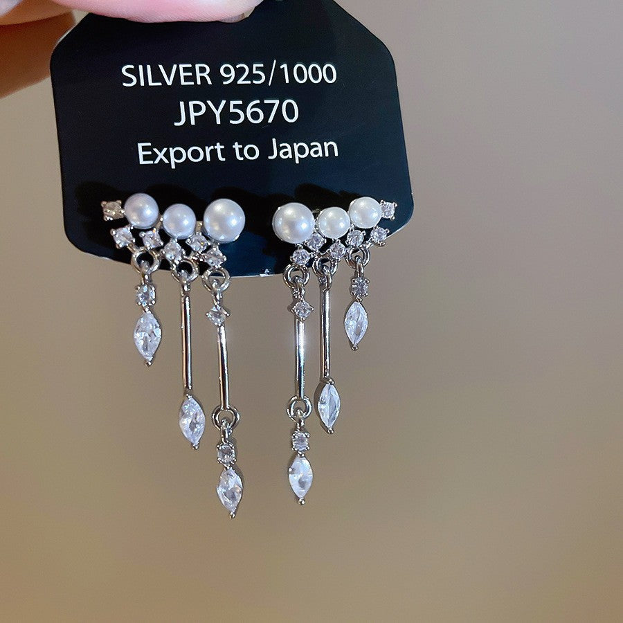 Pendientes de perlas geométricos para mujer con detalles de circonitas, postes de acero galvanizado, estilo retro lujoso y elegante para otoño e invierno