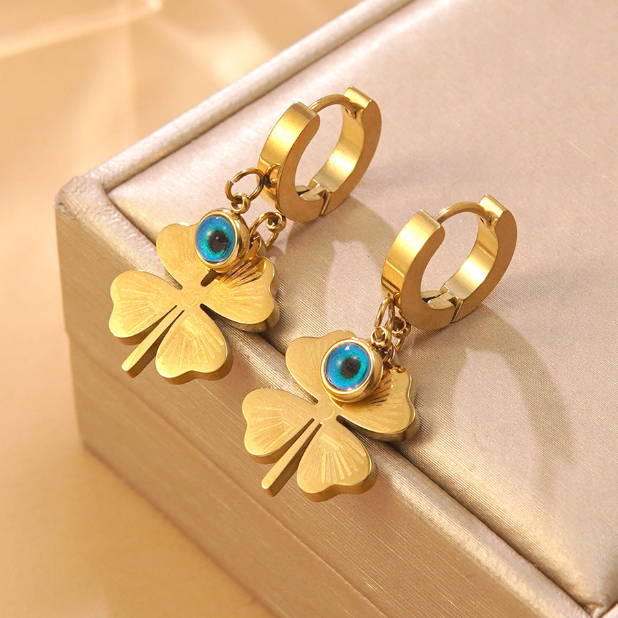 Stainless Steel Plated Four-Leaf Clover Evil Eye Earrings for Women