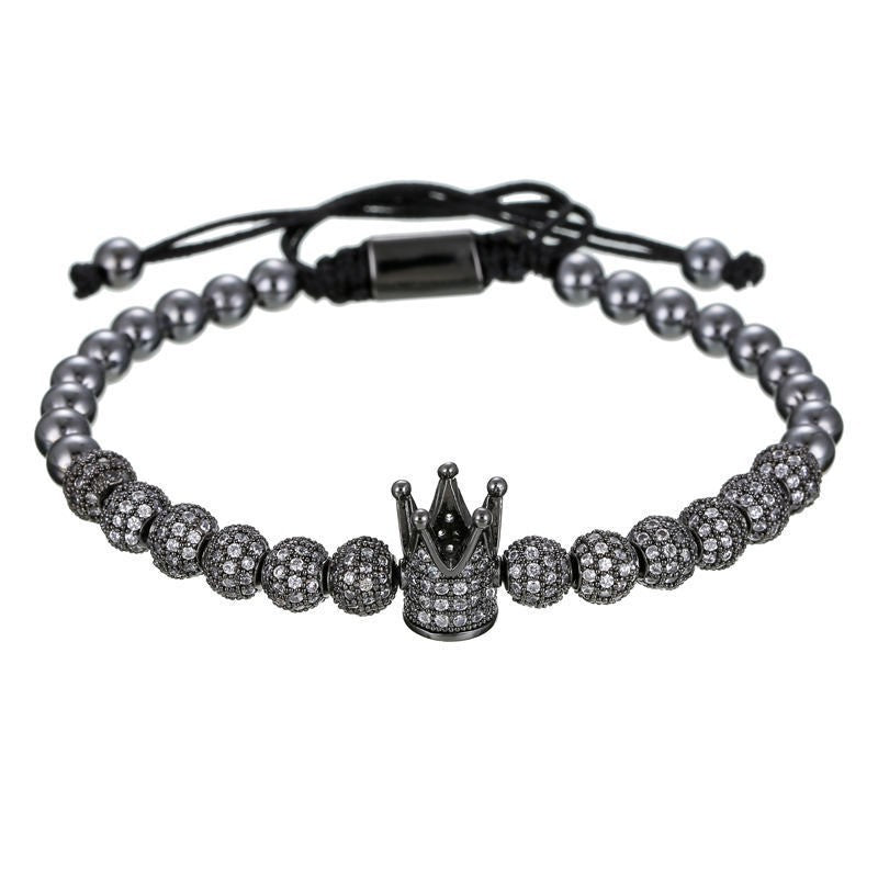 Fashion Geometric Micro-pave Cubic Zirconia Brass Round Bead Crown Braided Adjustable Bracelet