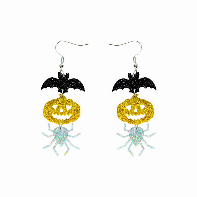 Pendientes acrílicos con temática de Halloween con formas de murciélago, araña y calabaza en estilo divertido y tierno