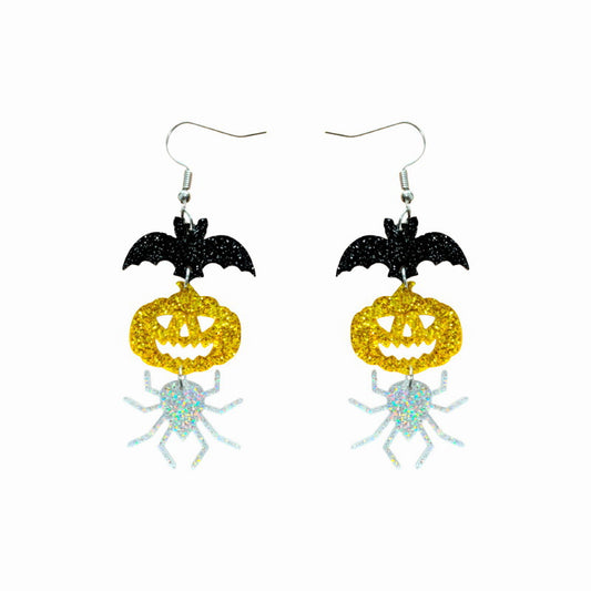 Pendientes acrílicos con temática de Halloween con formas de murciélago, araña y calabaza en estilo divertido y tierno