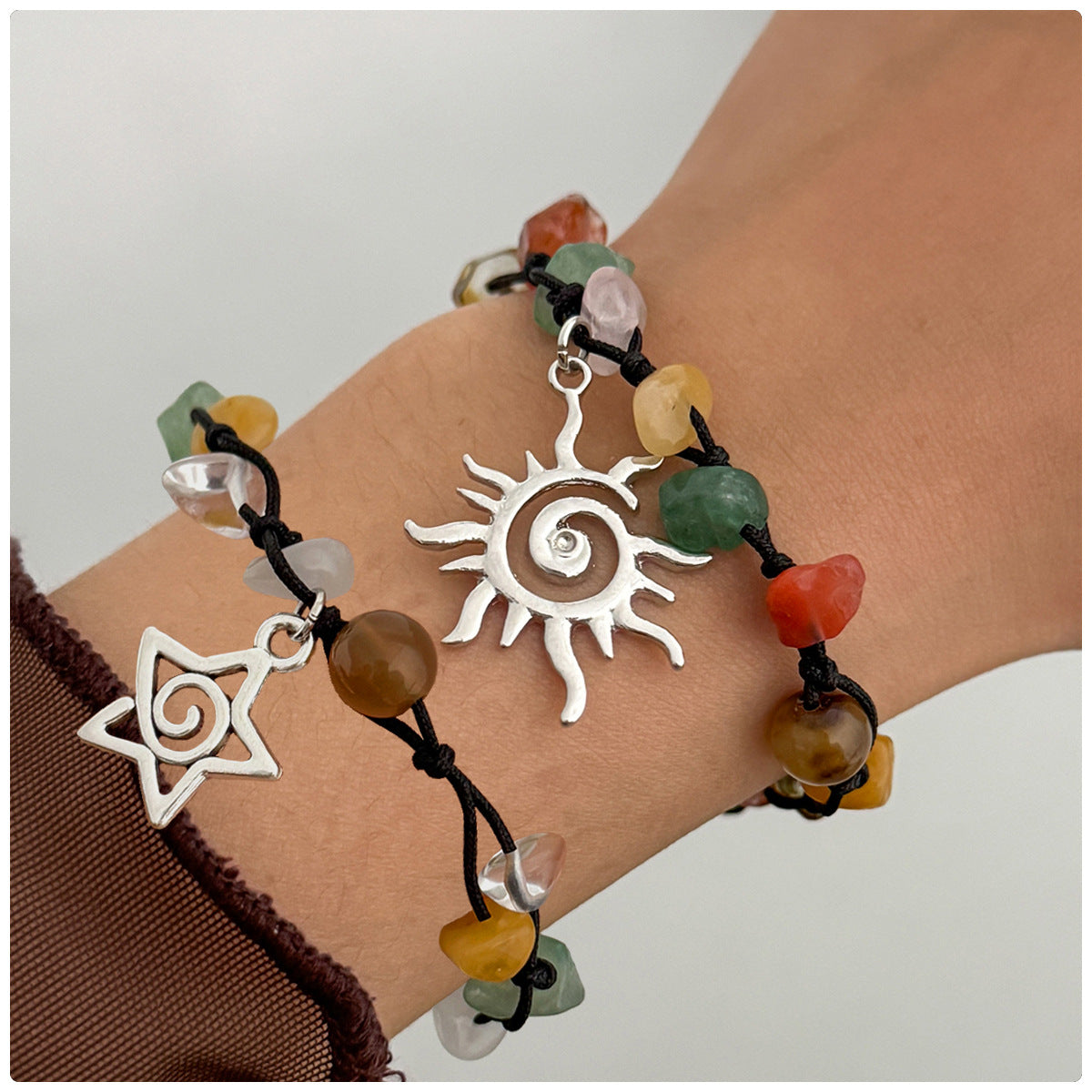 Rustic Floral Star-Shaped Alloy Bracelet for Women with Adjustable Drawstring and Beaded Design