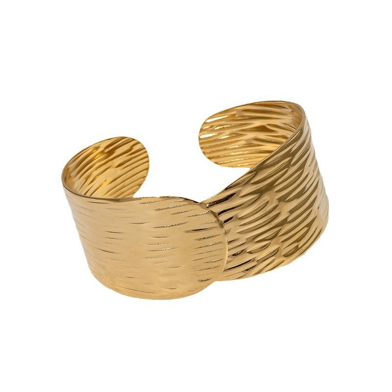 Vintage French Minimalist Wide Stainless Steel Irregular Open Bangle Bracelet for Women with Gold Plating