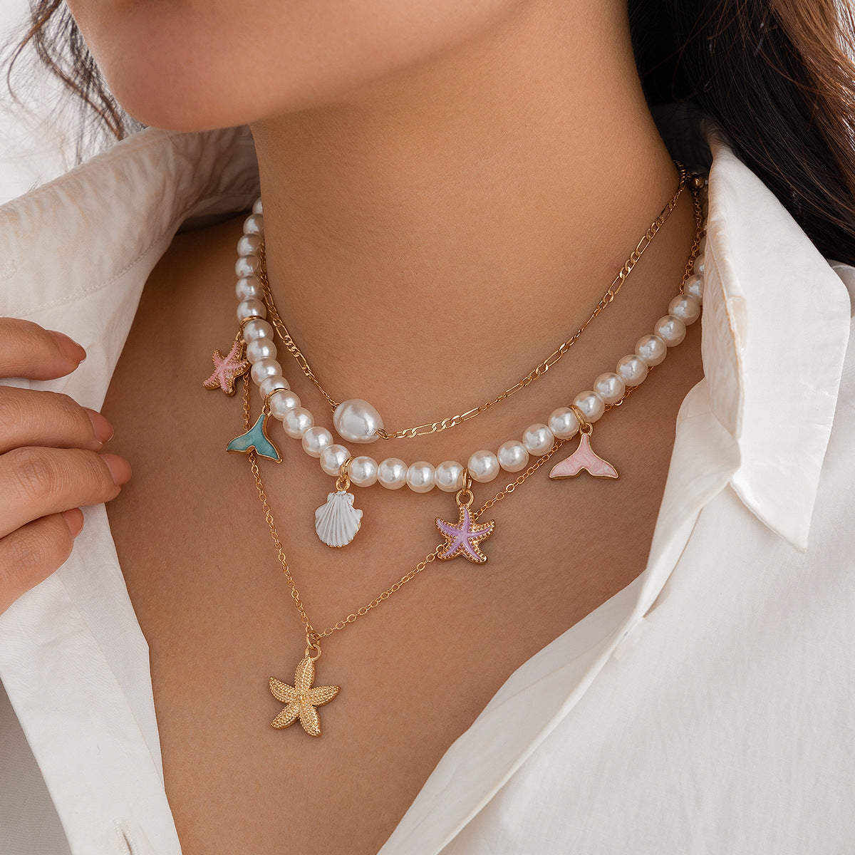 Retro Beach-Themed Star and Shell Pendant Necklace in Zinc Alloy with Plated Finish for Women