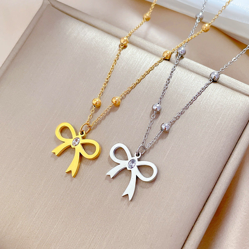 Butterfly Minimalist Plated Titanium Steel Collar Chain Necklace with Rhinestone Floral Accents