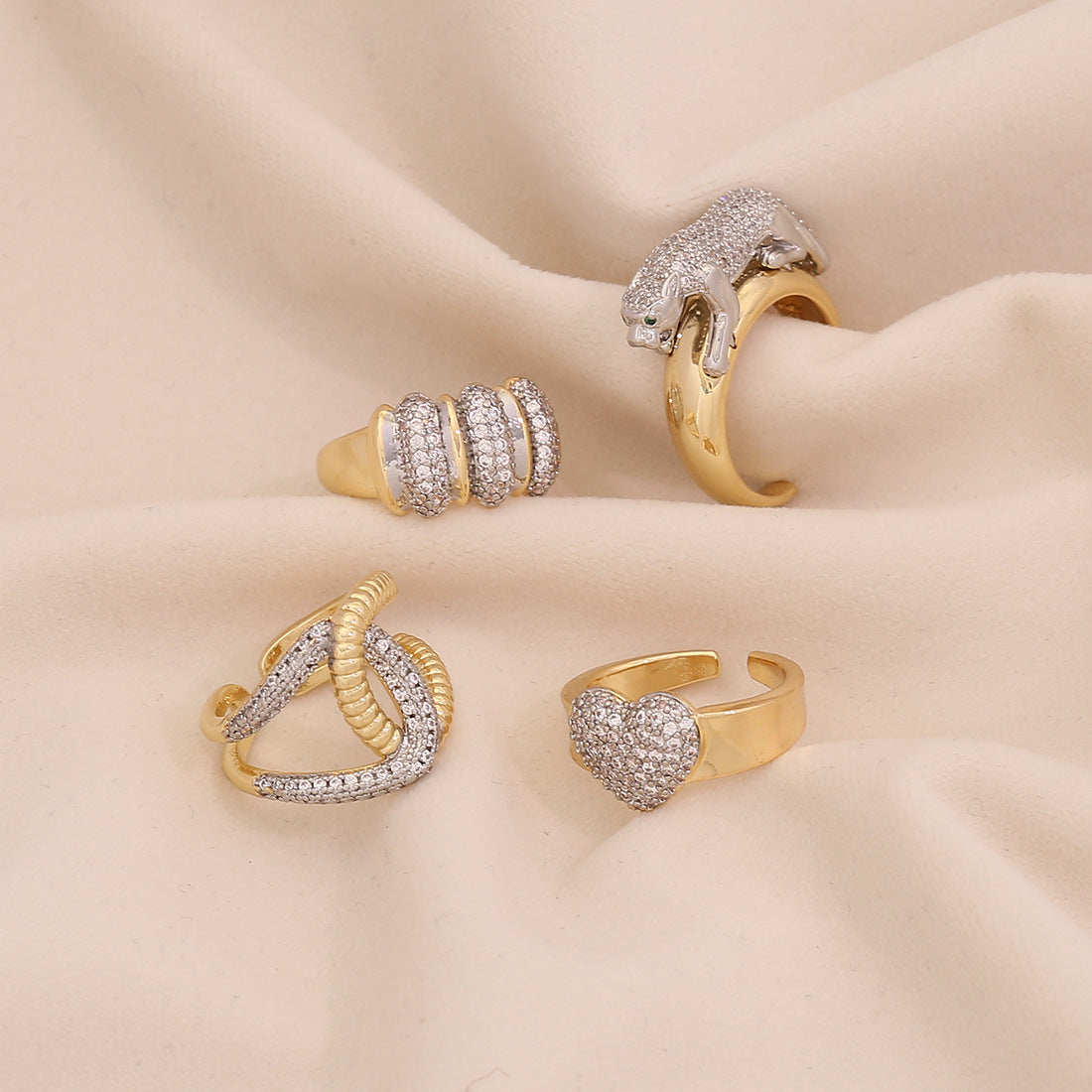 Geometric Heart-Shaped Copper Ring with Zircon Inlay for Women