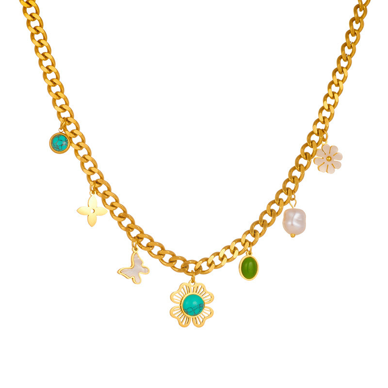 Vintage Stainless Steel Plated Butterfly Daisy Flower Pendant Necklace with Pearl and Turquoise Inlay for Women