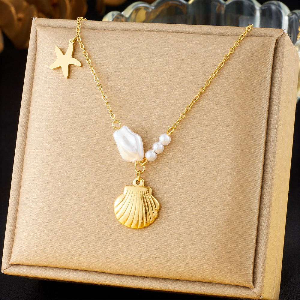 Collar Minimalista de Estrella de Mar y Concha Irregular en Acero Inoxidable con Baño de Oro en Cadena O para Mujer