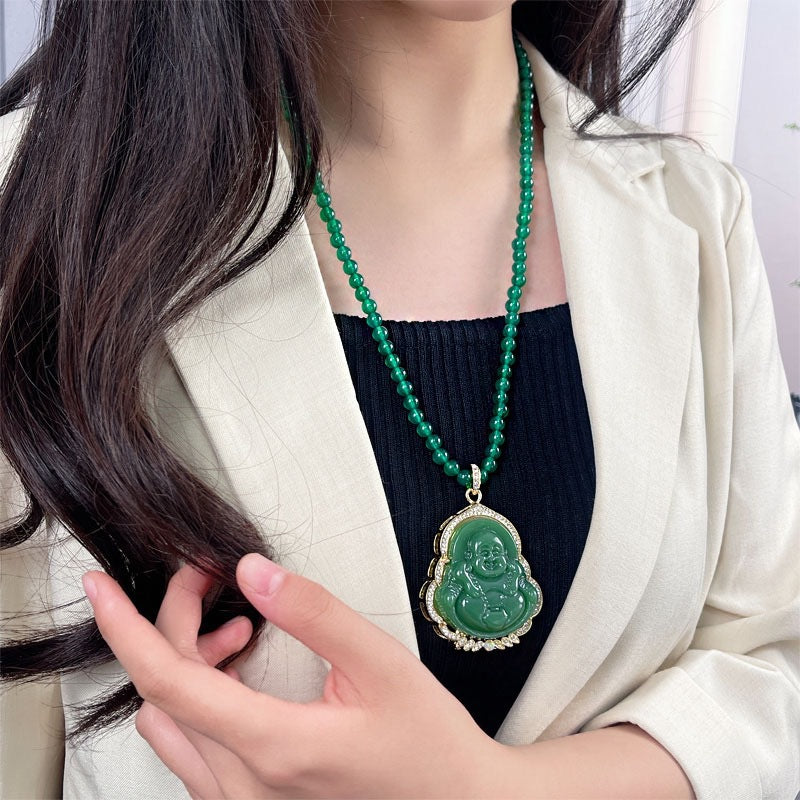 Collana con ciondolo Budda che ride dal design originale con intarsio in agata rossa per donne e uomini, catena lunga a strati per maglione
