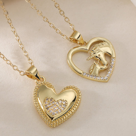 Minimalist 18K Gold Plated Brass Heart Horse Pendant Necklace with Cubic Zirconia