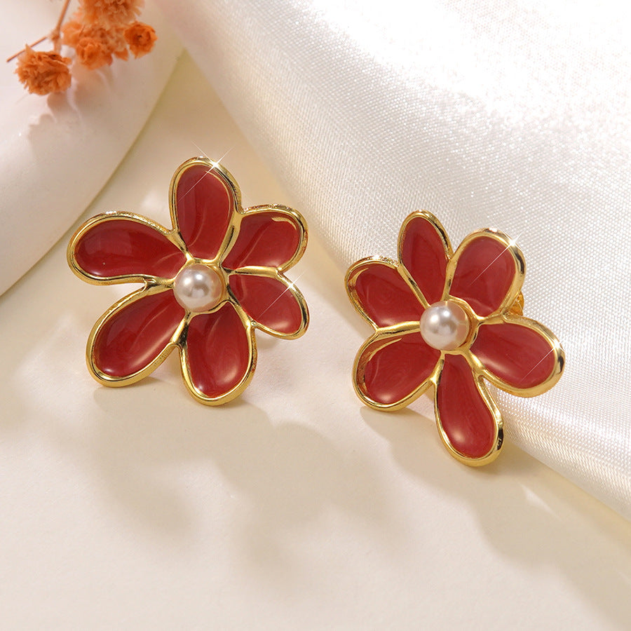 Orecchini pendenti vintage in acciaio inossidabile con perle e decorazione floreale a goccia