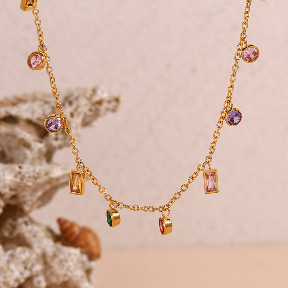 Minimalist Geometric Pendant Necklace in Stainless Steel with 18K Gold Plating Featuring Round and Rectangular Zircon Accents for Women
