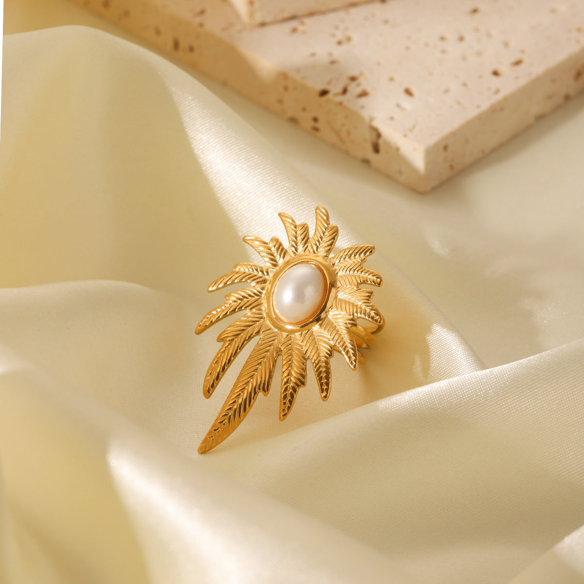 Ins Style Leaf Texture Stainless Steel Open Ring for Women with Pearl Accents