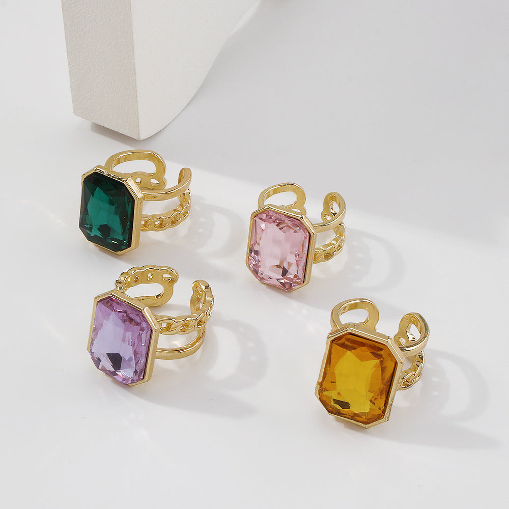 Anillo de aleación geométrica dulce y atrevido con incrustaciones de pedrería y banda de moda ajustable con acabado galvanizado