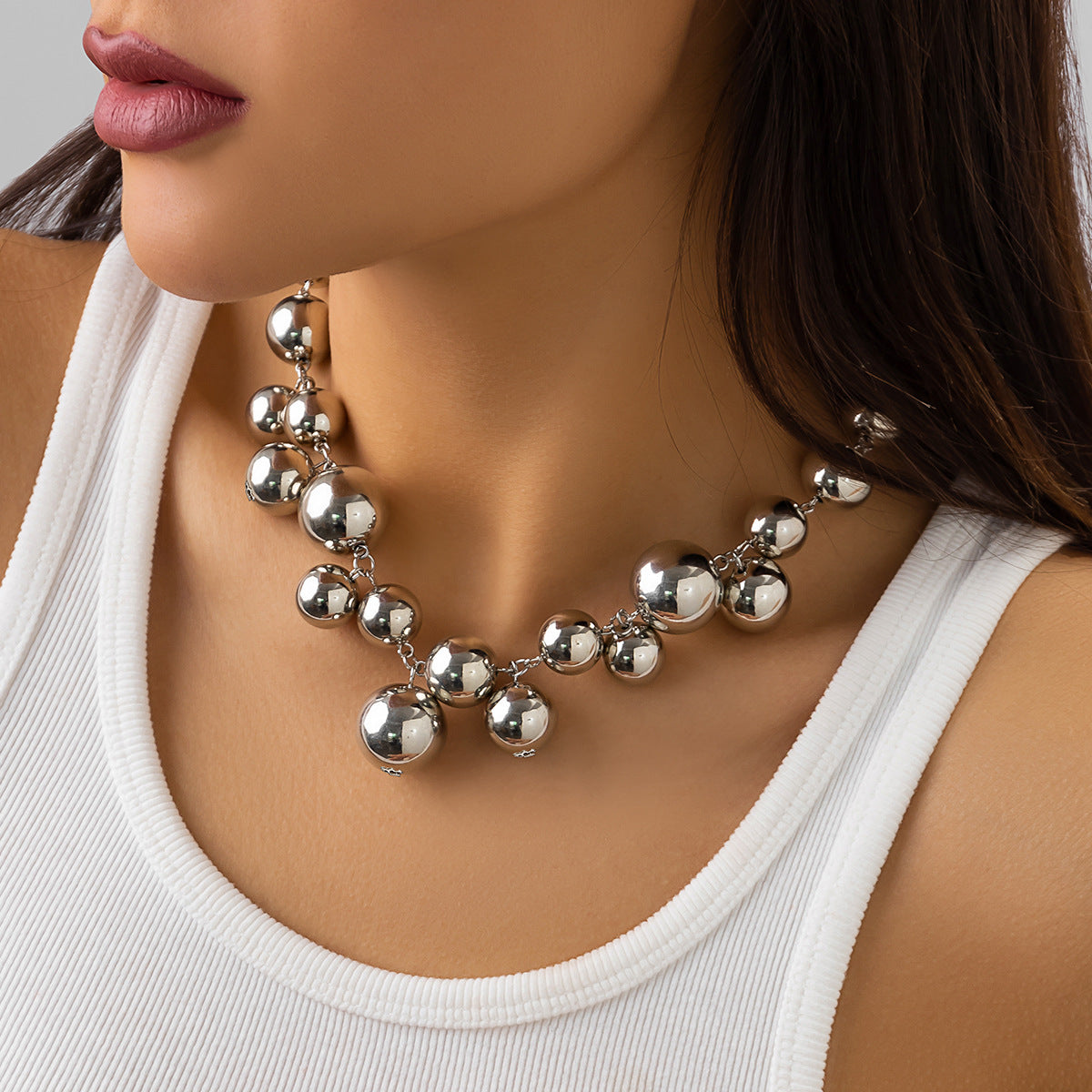 Punk Geometric Faux Pearl Plated Ball Chain Choker Necklace for Women