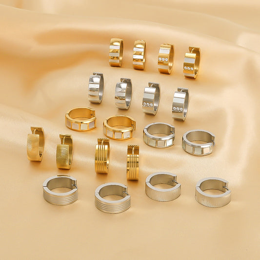 Pendientes de aro minimalistas geométricos de acero inoxidable con incrustaciones de circonitas y chapado al vacío de oro de 18 quilates para mujer