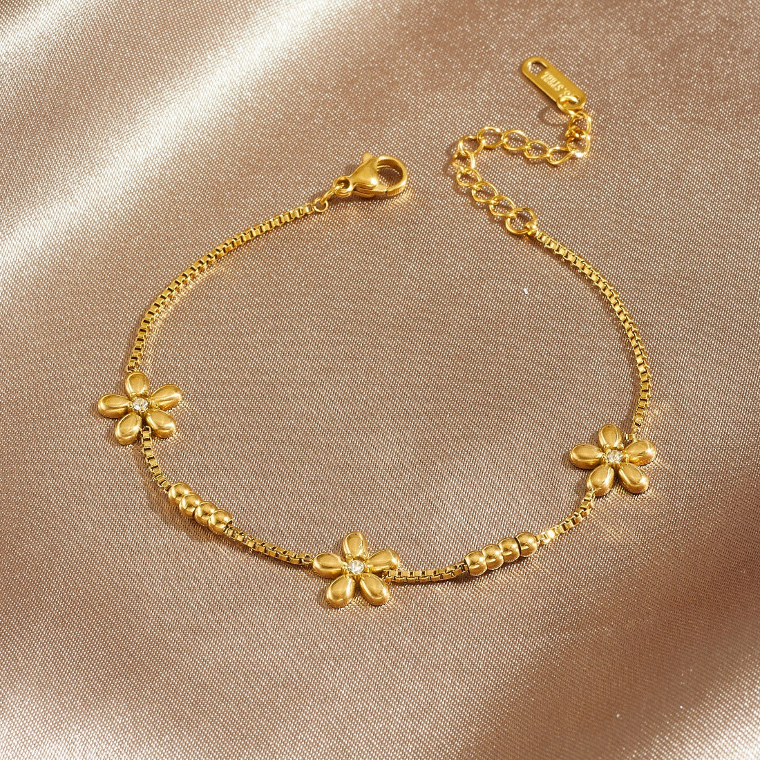 Minimalist Gold Plated Floral Rhinestone Stainless Steel Bracelet
