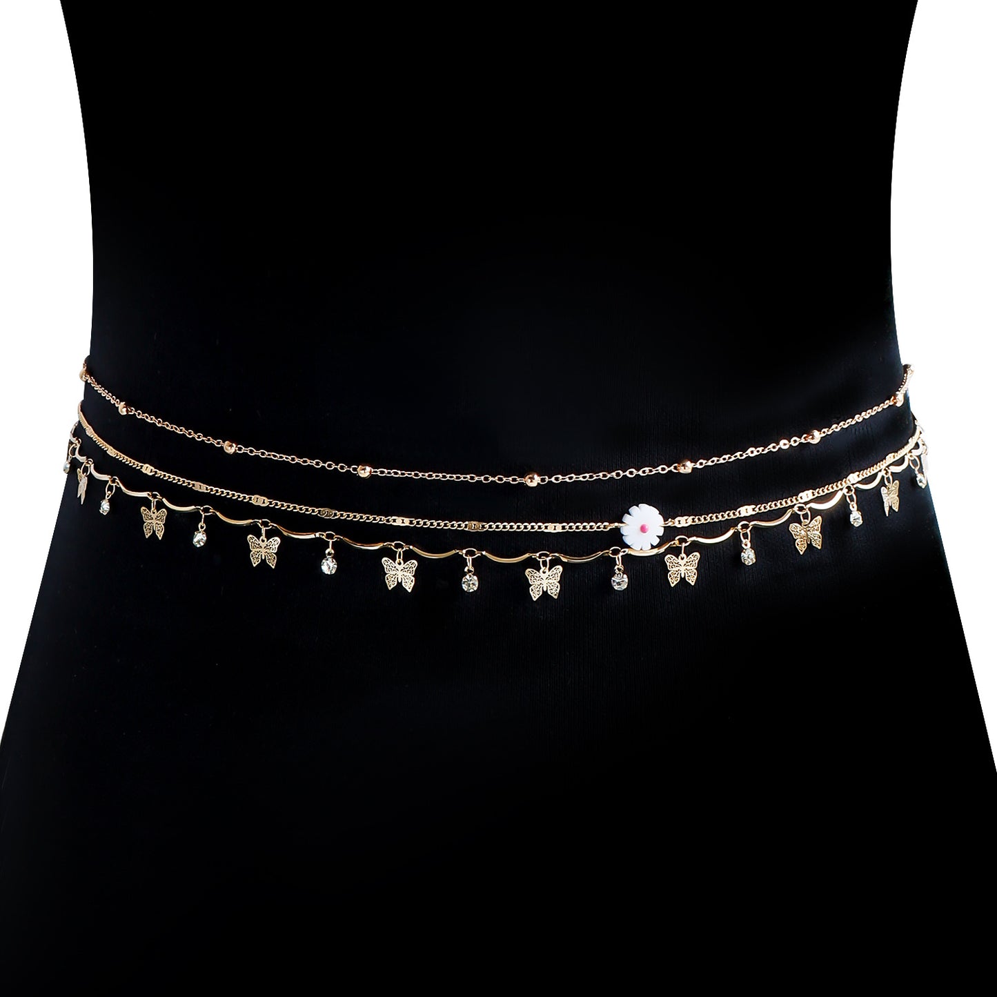 Punk Multi-Layer Metal Body Chain with Butterfly Floral Rhinestone Tassel for Women