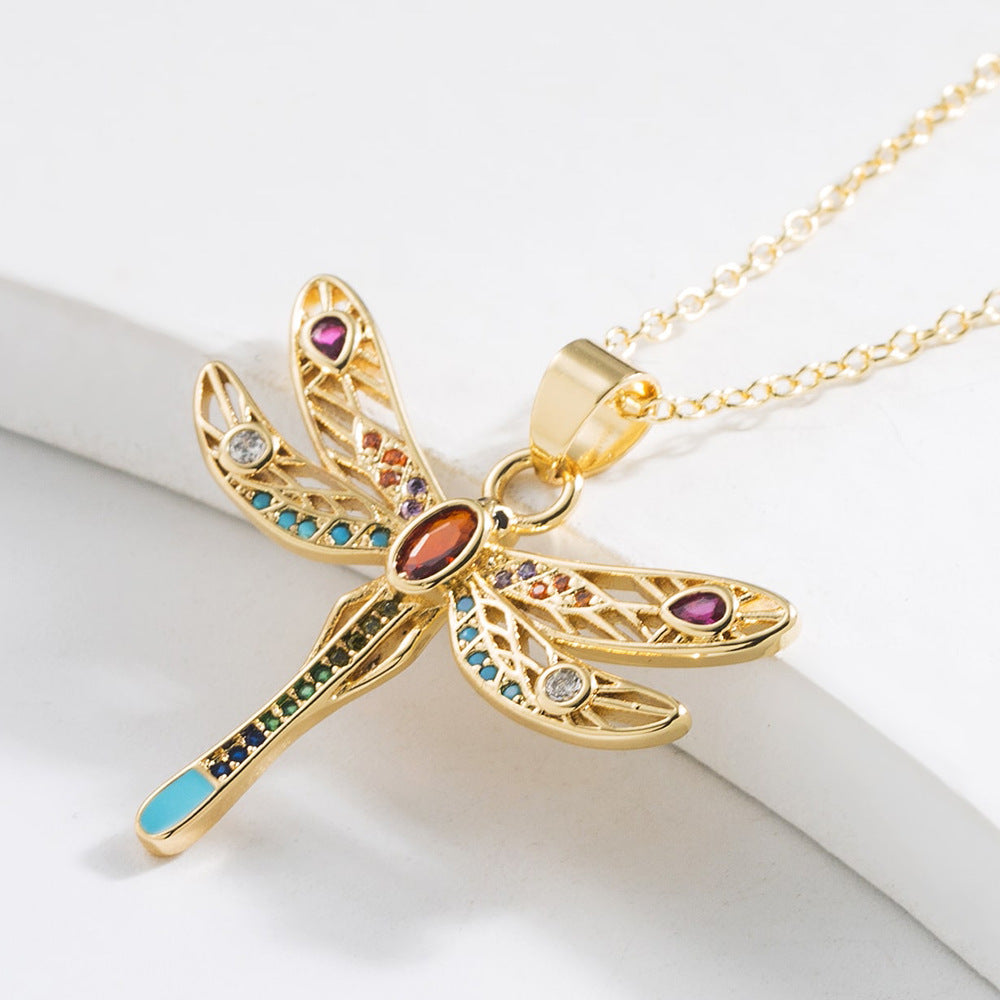 Elegant French-Style Dragonfly Pendant Necklace for Women in Copper with Real Gold Plating and Zircon Inlay