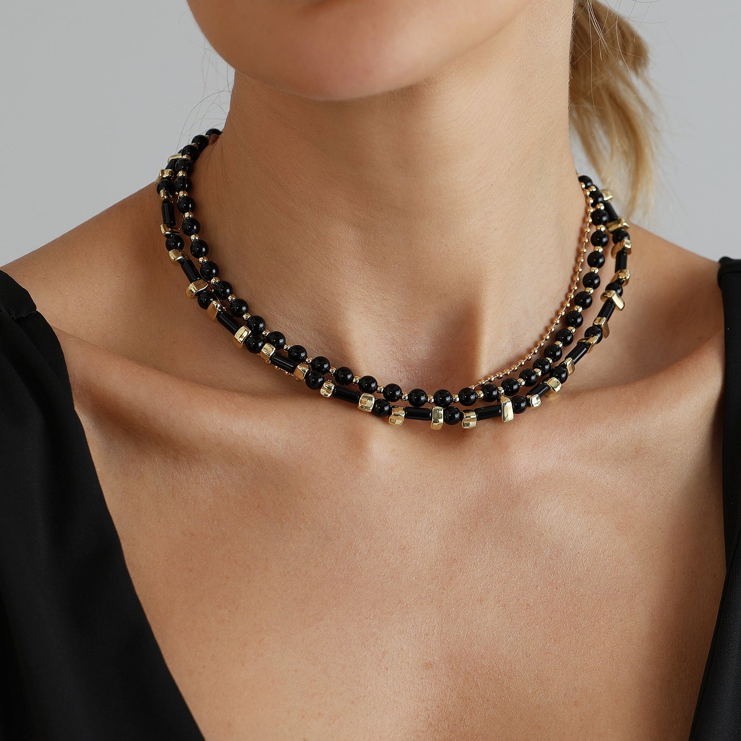Vintage Black Gold Geometric Heart Alloy Layered Necklace for Women