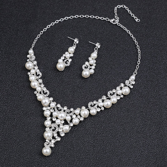 Juego de collar y pendientes de perlas florales encantadores para mujer en aleación con acabado galvanizado y diseño irregular