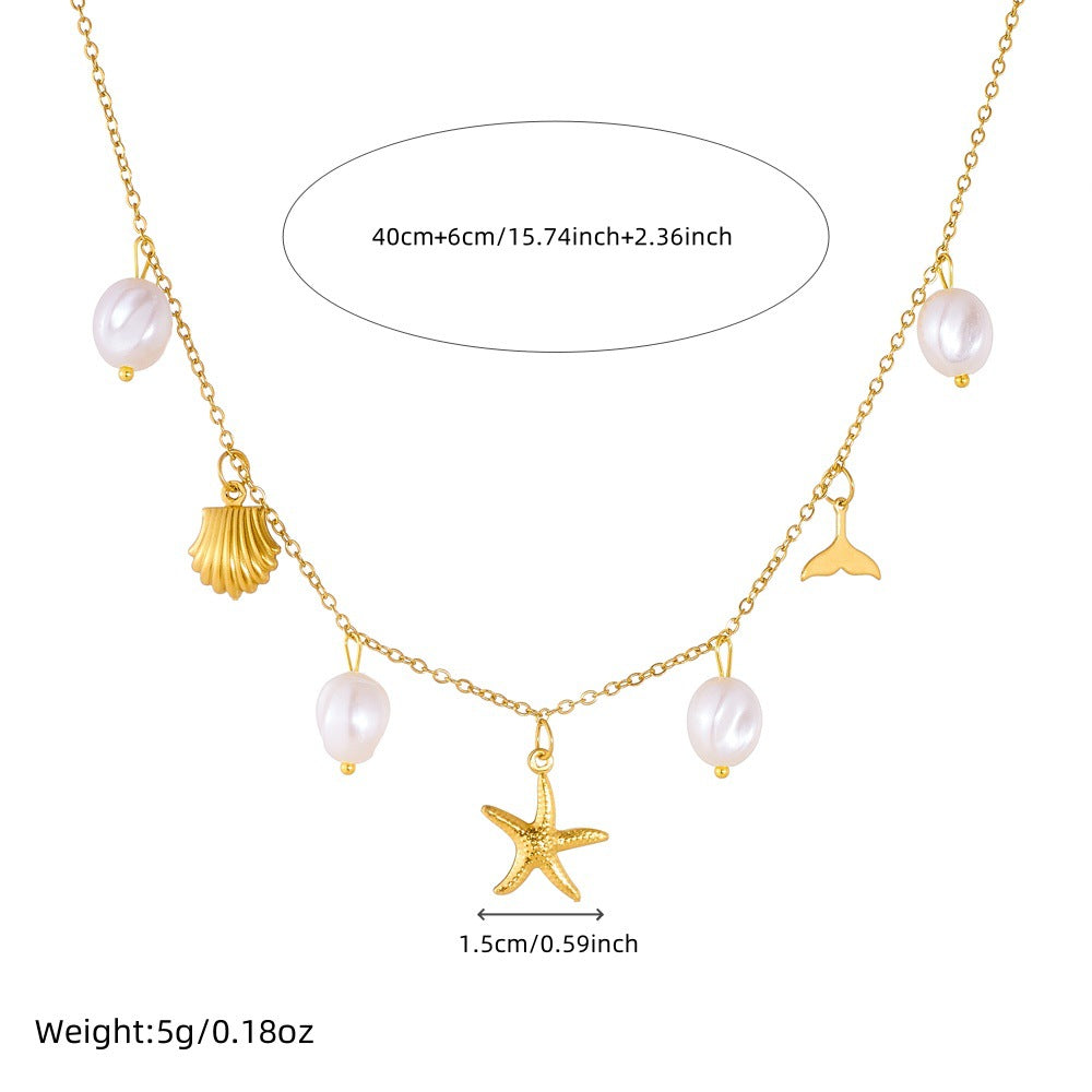 Minimalist Chic Gold Plated Irregular Starfish Mermaid Tail Seashell Pearl Pendant Stainless Steel Necklace for Women