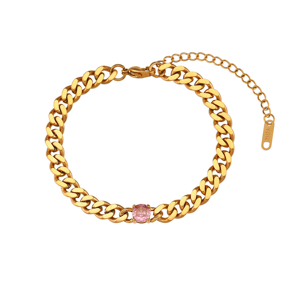 Fashion Geometric 18K Gold Plated Stainless Steel Cuban Chain Necklace with Round Zircon for Women