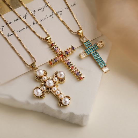 Minimalist Cross Pendant Necklace for Women with Gold-Plated Copper Base and Zircon Inlay