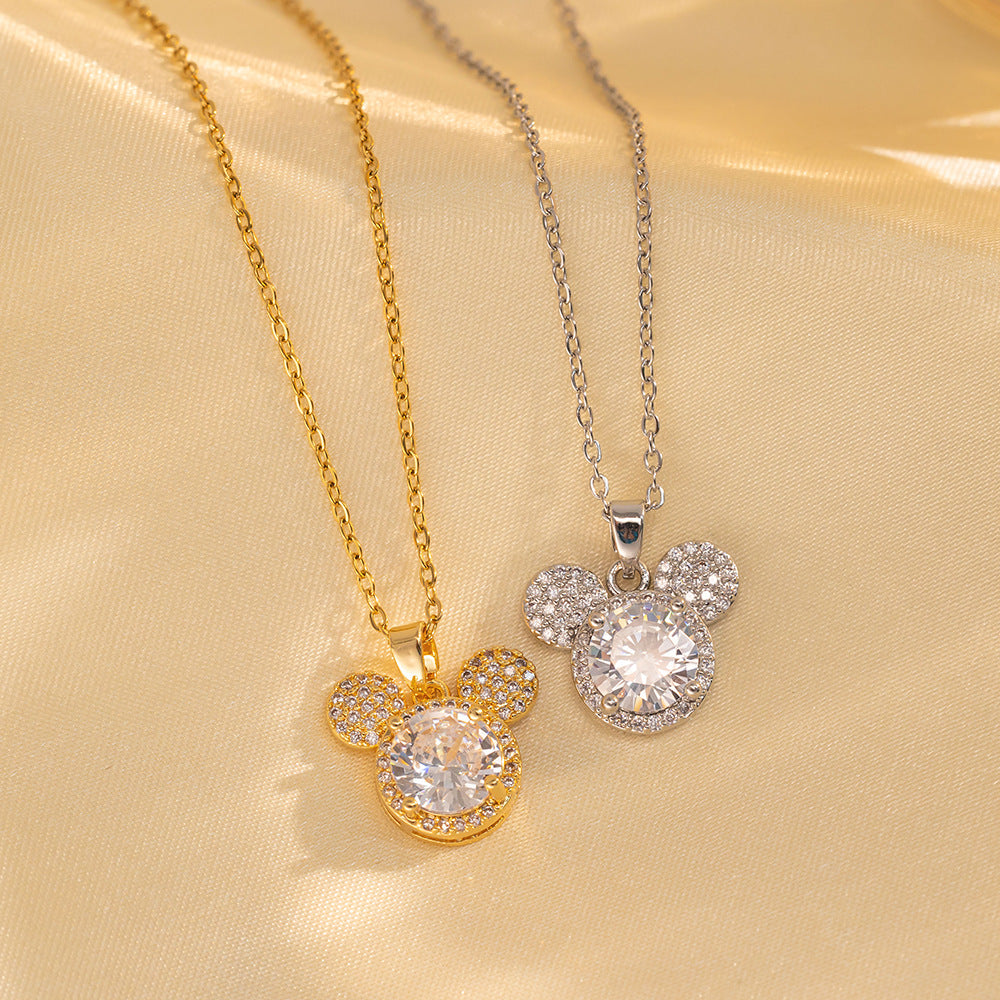 Collar con colgante de ratón geométrico minimalista para mujer, de acero de titanio con incrustaciones de diamantes de imitación y acabado chapado en cadena tipo O