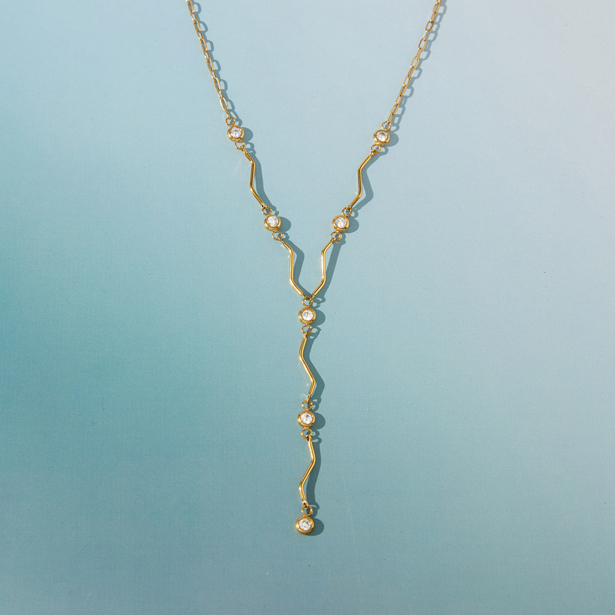 Minimalist Geometric Bar Chain Necklace with Cubic Zirconia PVD Stainless Steel for Women