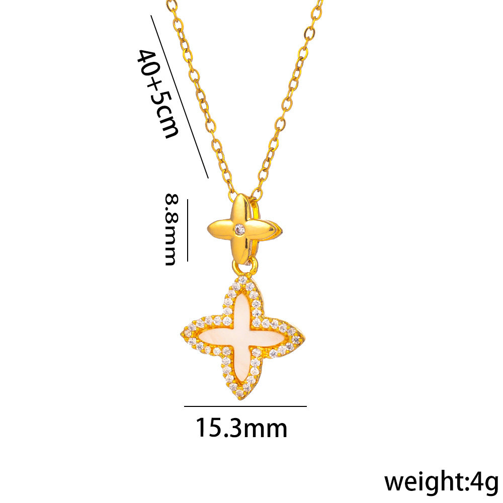 Collana a Pendente Trifoglio Minimalista da Donna in Acciaio al Titanio con Intarsio di Strass e Finitura Placcata su Catena ad O