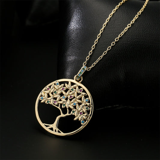 18K Gold Plated Brass Tree of Life Pendant Necklace with Micro-Inlaid Cubic Zirconia for Women