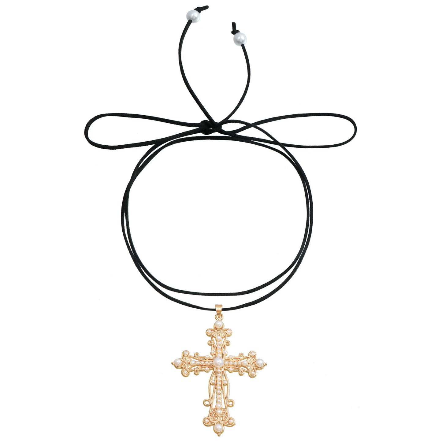 Fashionable Cross Pendant Necklace for Women with Baroque Pearl Inlay and Electroplated Alloy on Adjustable Velvet Cord