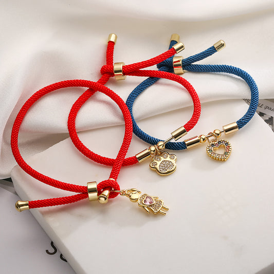 Pulsera de circonitas chapada en oro con forma de corazón minimalista de cobre para mujer con cordón ajustable