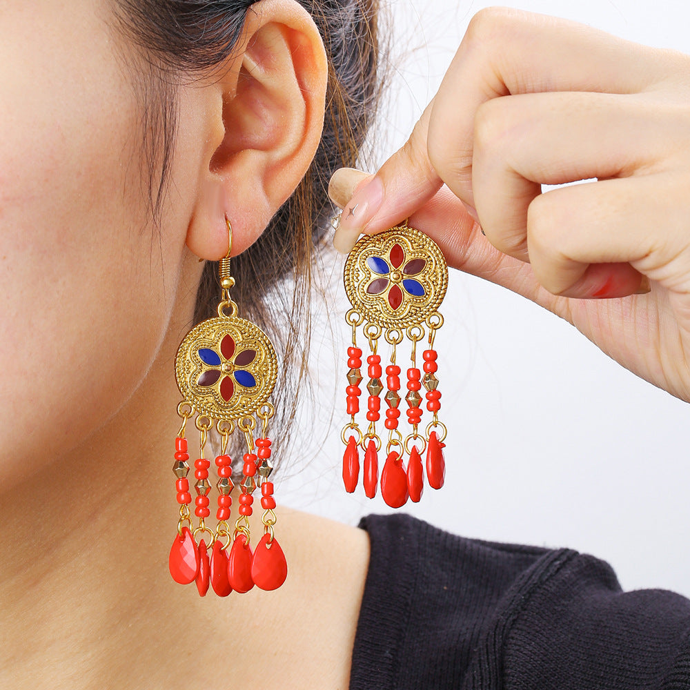 Bohemian Ethnic Geometric Round Drip Oil Plated Alloy Tassel Earrings for Women