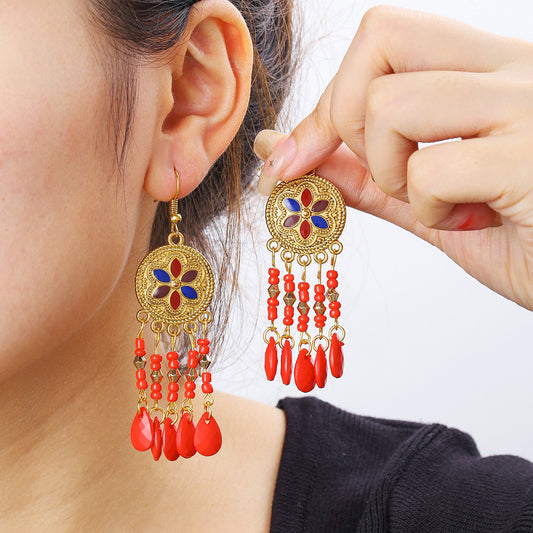 Bohemian Ethnic Geometric Round Drip Oil Plated Alloy Tassel Earrings for Women