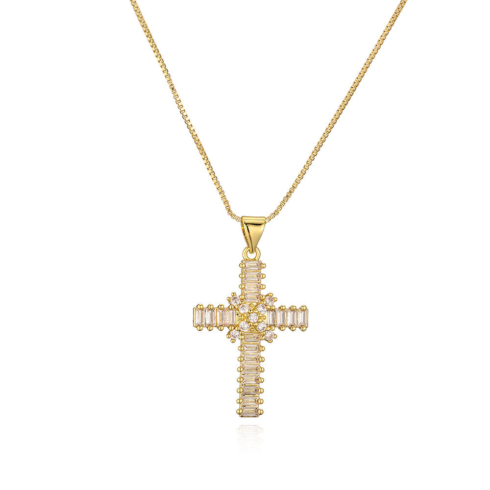 Geometric Pendant Necklace for Women in Copper with Real Gold Plating and Zircon Inlay, Hip-Hop Style