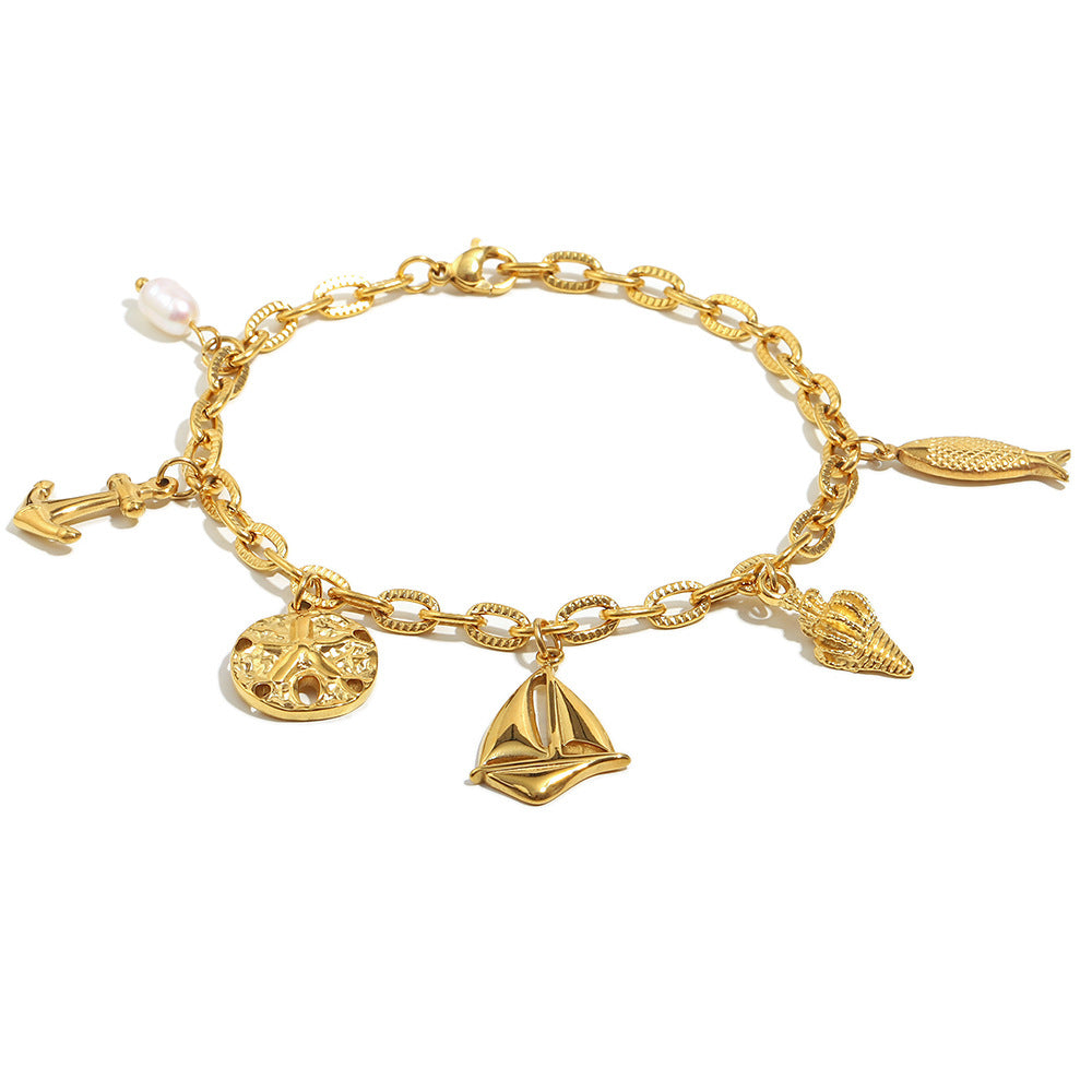Elegante pulsera con colgante de estrella de mar de acero inoxidable chapado en oro de 18 quilates, geométrica, con temática oceánica para mujer