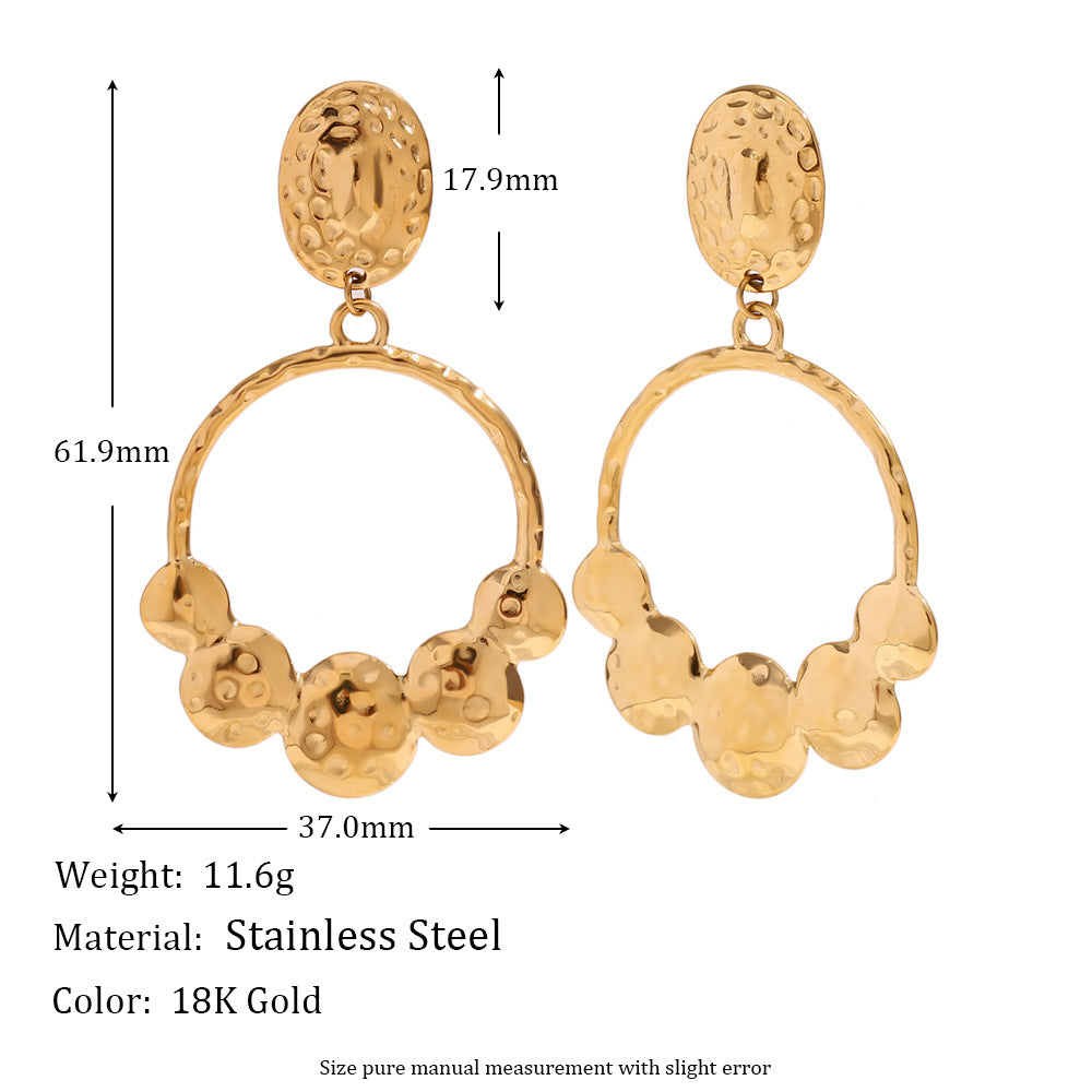 Fashionable Vintage-Inspired Geometric Stainless Steel Earrings with 18K Gold Plating and Hammered Texture for Women