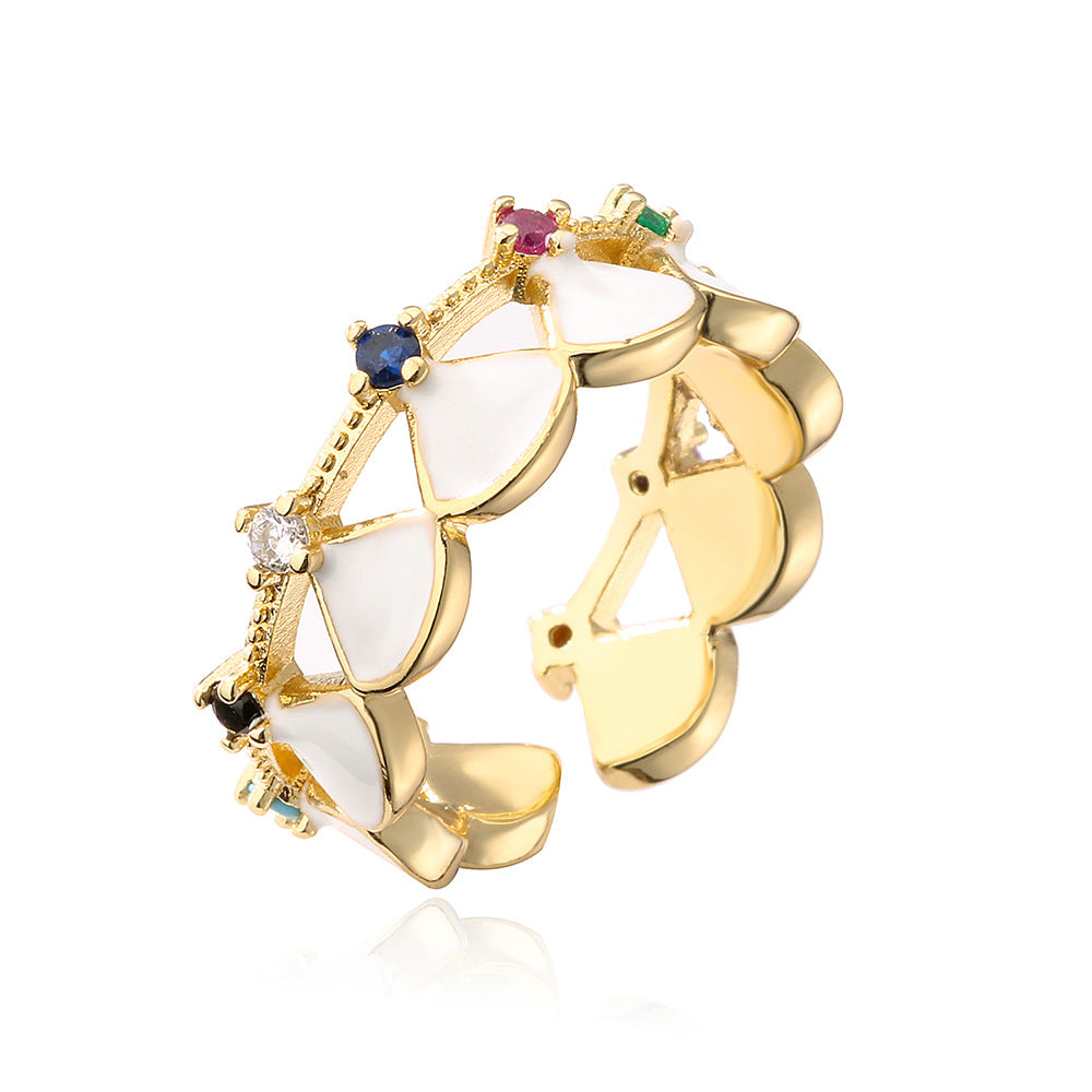 Anello Aperto Geometrico da Donna con Base in Rame Placcato in Oro 18K e Intarsio in Zirconia Smaltata