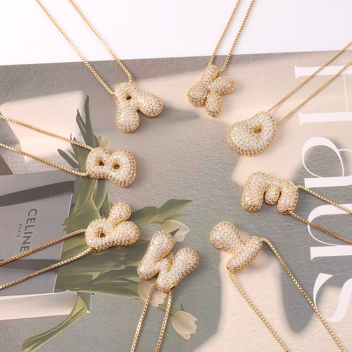 Minimalist Rhinestone Inlaid Letter Pendant Brass Necklace
